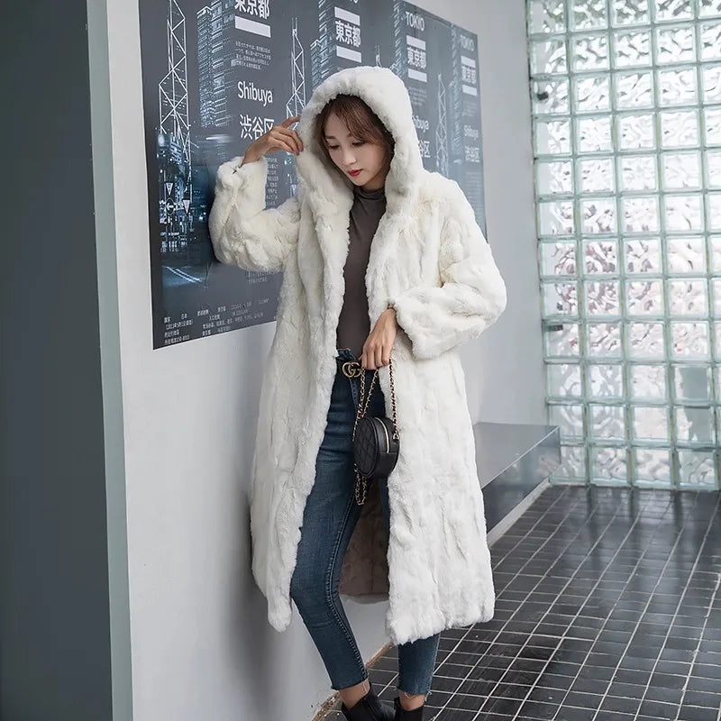 Abrigo Piel Conejo Mujer Capucha - Abrigo Real 110cm Largo Invierno