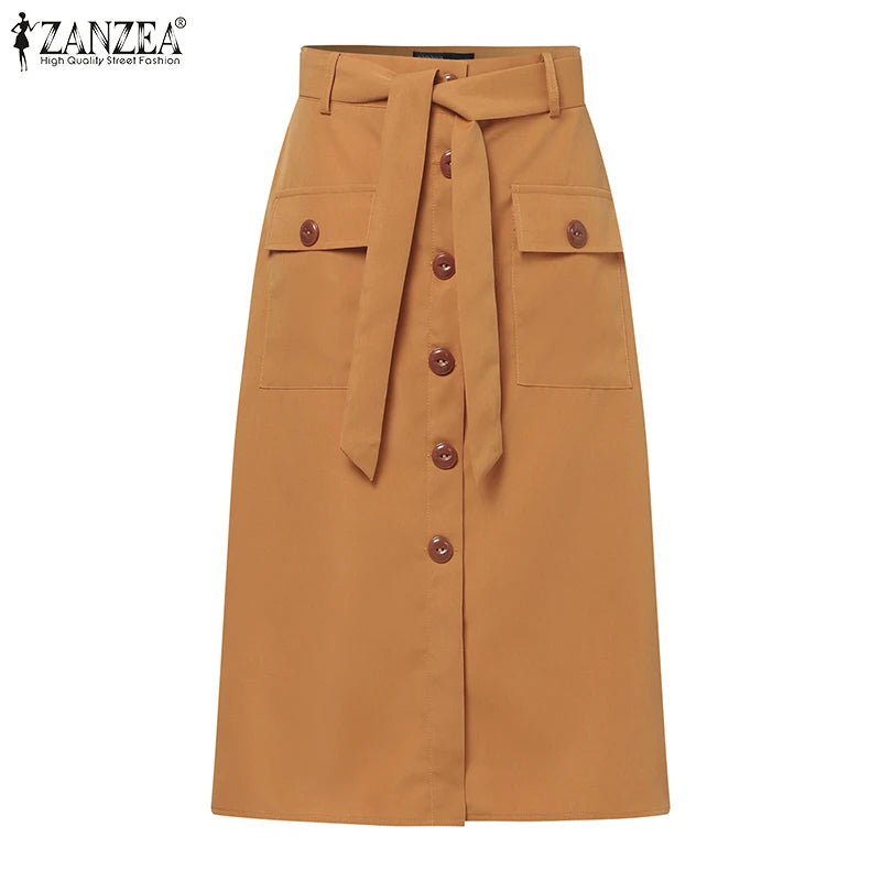 Falda Cargo Mujer Elegante ZANZEA - Falda Oficina Cintura Alta Botones Verano