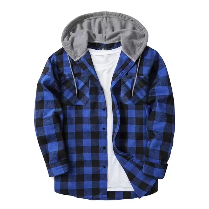 Camisa Hombre Franela Cuadros Capucha - Primavera Otoño Clásica Casual Botones Manga Larga Doble Bolsillos Hoodie Unisex
