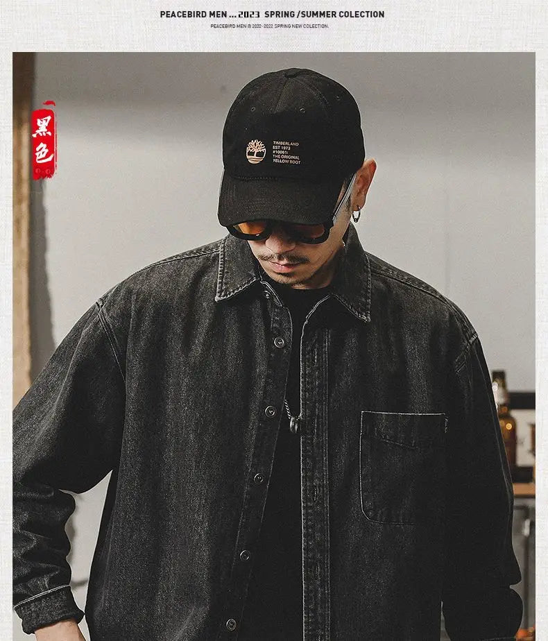 Camisa Denim Hombre Retro Trabajo - Casual Chaqueta Primavera Otoño Azul Manga Larga