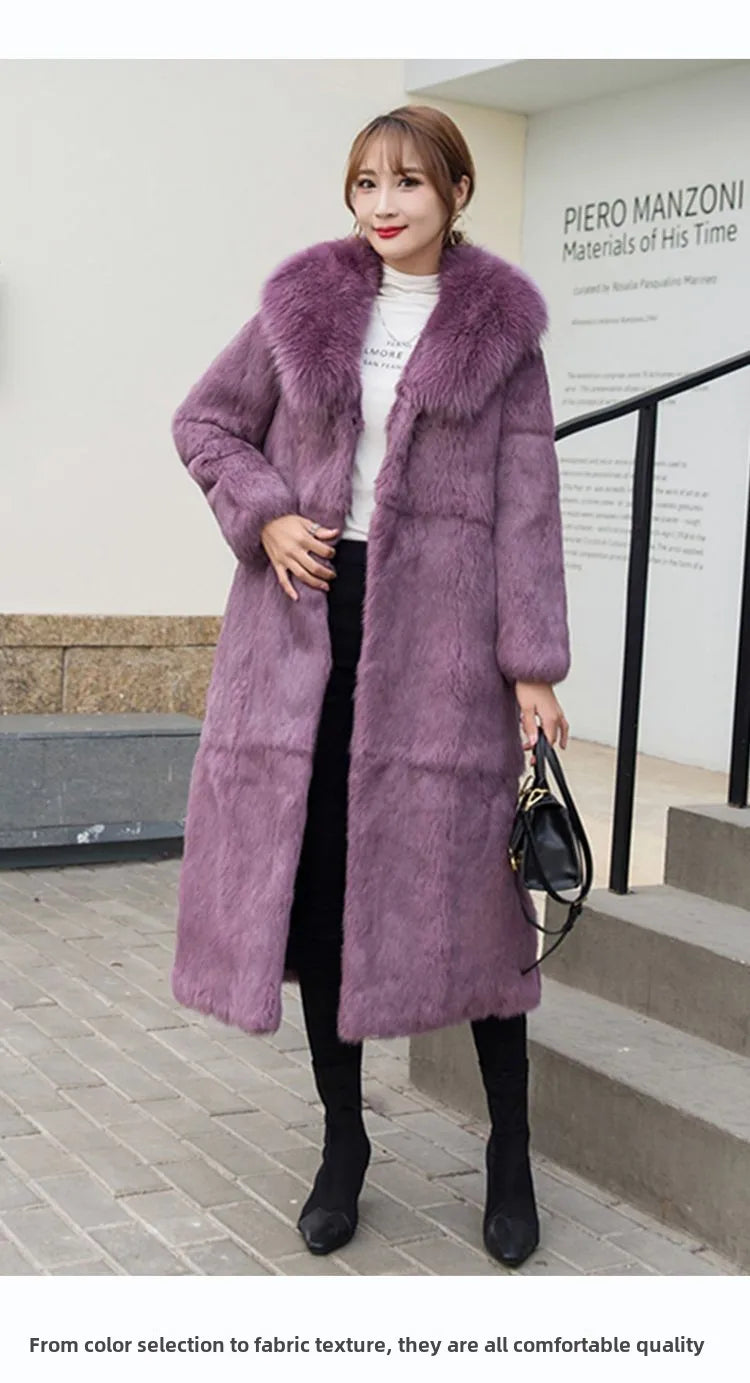 Abrigo Piel Conejo Rex Mujer - Abrigo Largo Cuello Zorro Fashion Invierno