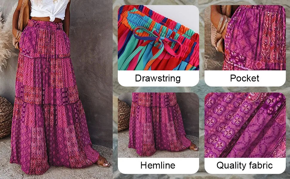 Falda Bohemia Mujer Larga Estampada - Falda Cintura Elástica Bolsillos Primavera