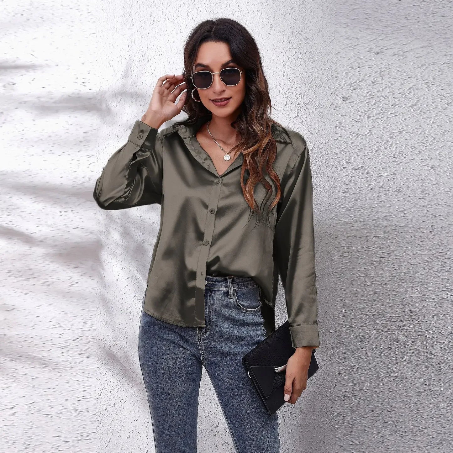 Blusa Satén Mujer Manga Larga Streetwear - Camisa Elegante Primavera Otoño
