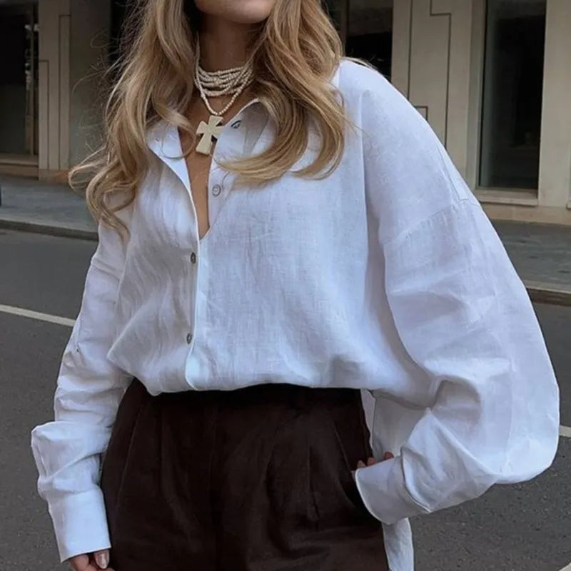 Camisa Mujer Verano Oficina - Blusa Manga Larga Solapa Elegante