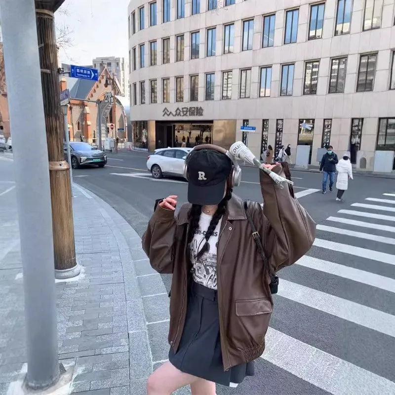 Chaqueta Cuero Mujer Americana - Chaqueta Moto Café Retro 2024