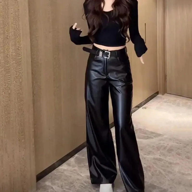 Pantalón Cuero PU Mujer Acampanado - Leggings Negro Gótico