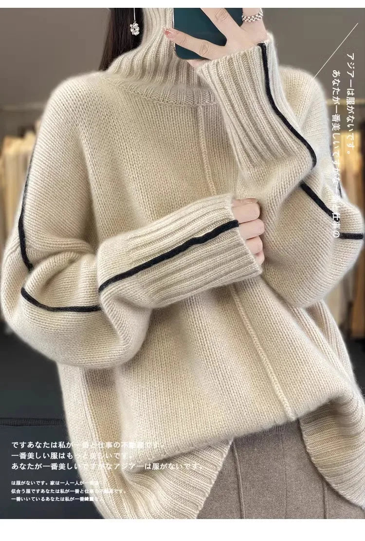 Jersey Mujer Cashmere 100% Cuello Alto - Holgado Grueso Invierno Lujo