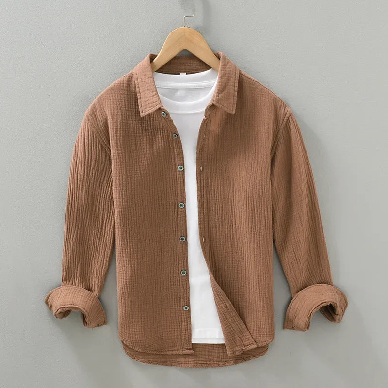 Camisa Hombre Gasa Doble Algodón - Casual Arrugada Manga Larga Suave Transpirable Cuello Cuadrado