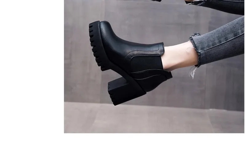 Botas Mujer Alta Calidad Casual - Suela Gruesa Tacón Alto Negro Trabajo