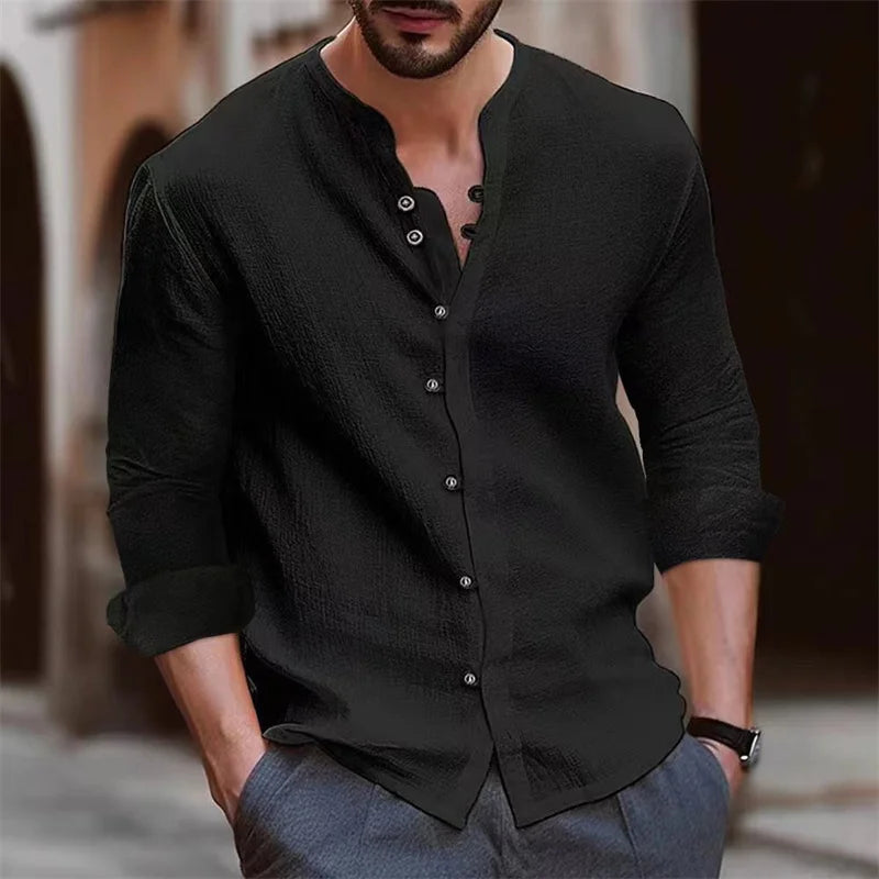 Camisa Hombre Cuello Mao Slim Fit - Fashion Casual Color Sólido Tops Outdoor Shopping S-3XL