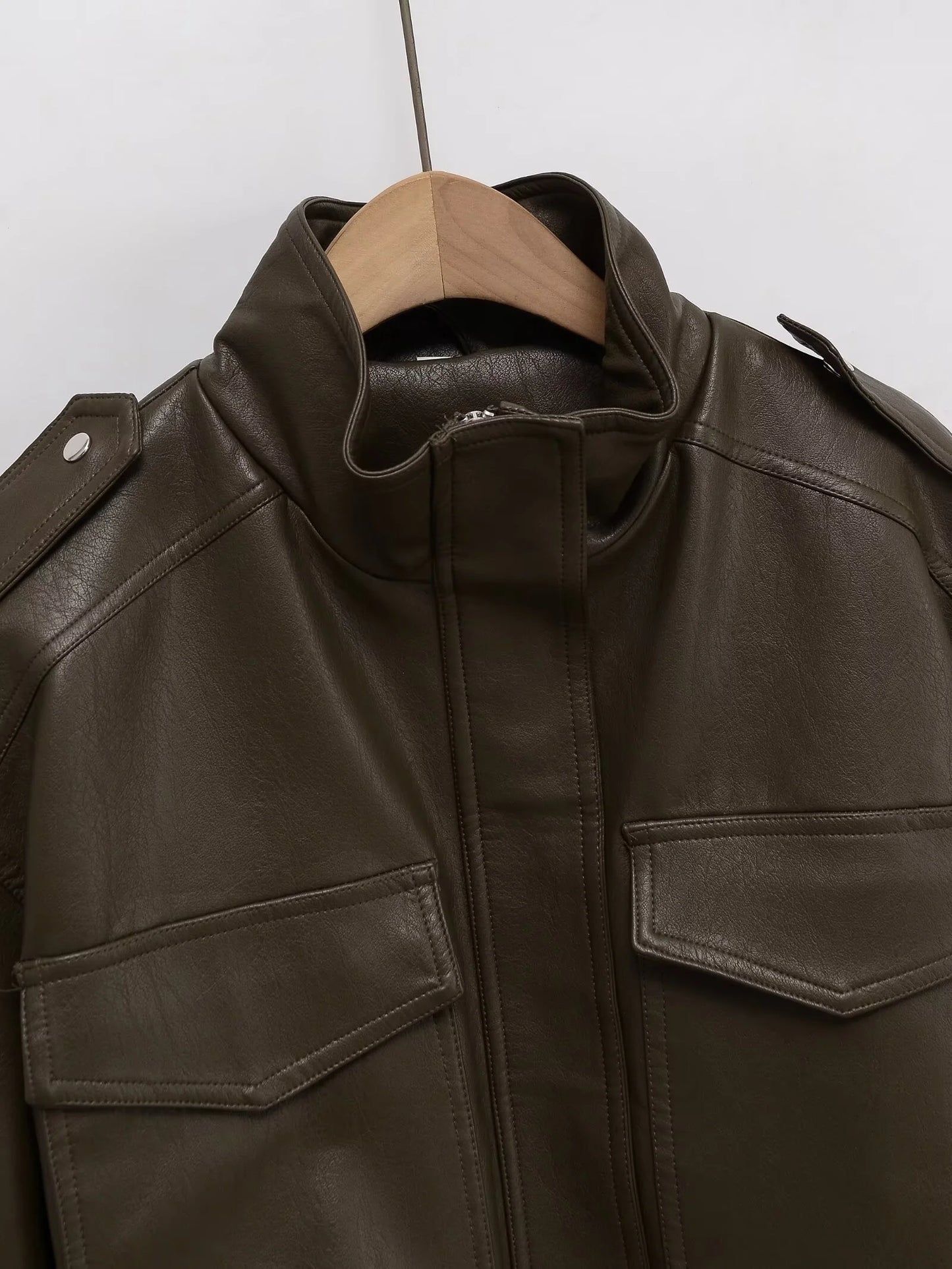 Chaqueta Cuero Mujer Retro Workwear - Chaqueta Bolsillos Cremallera 2025