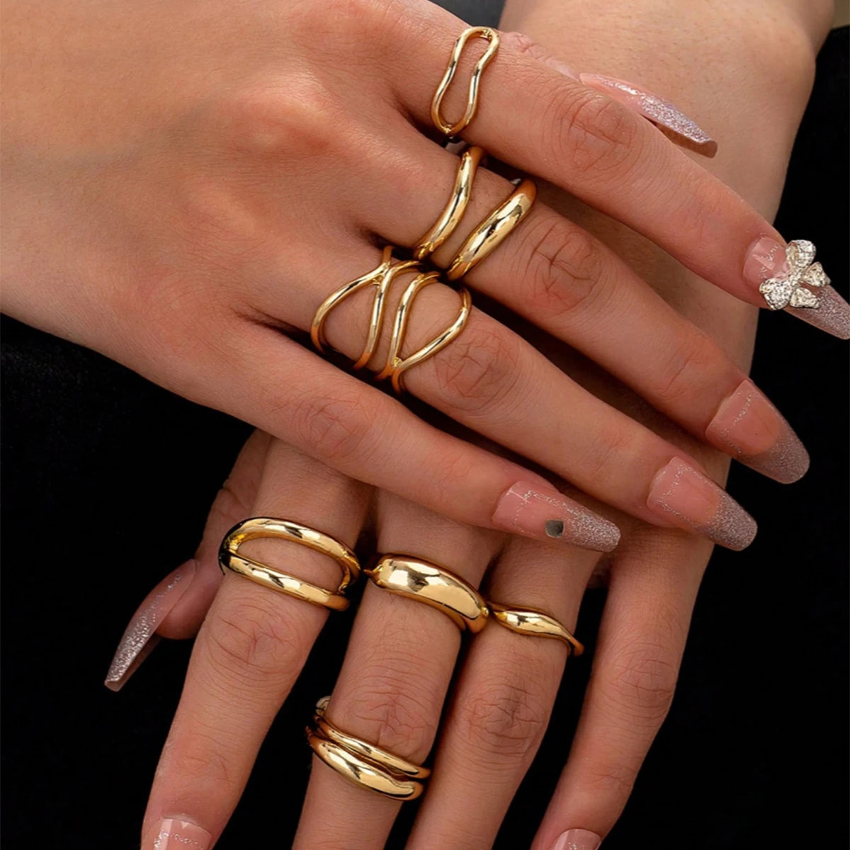 Set 7 Anillos Dorado Gruesos - Minimalistas Cruzados Apilables Mujer