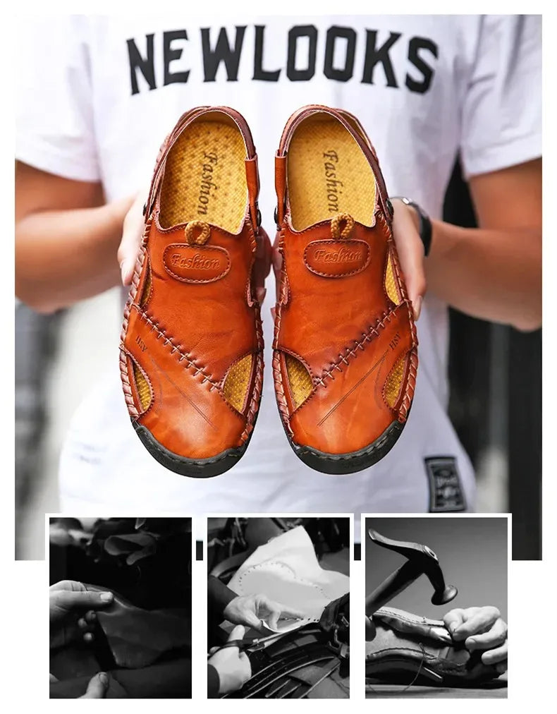 Sandalias Hombre Cuero Verano 2025 - Clásicas Romanas Outdoor Playa Chanclas Goma Trekking