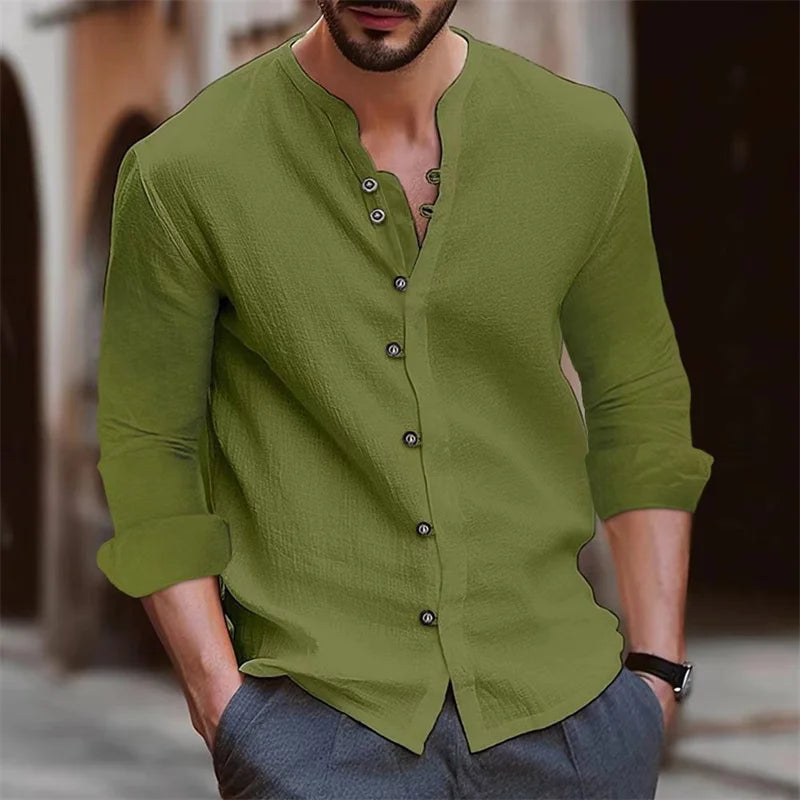 Camisa Hombre Cuello Mao Slim Fit - Fashion Casual Color Sólido Tops Outdoor Shopping S-3XL