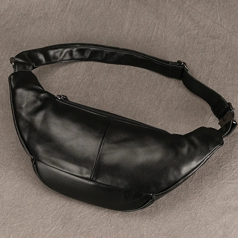 Riñonera Cuero Genuino Hombre - Bolsa Cinturón Móvil Mini Viaje Pecho Crossbody Negra