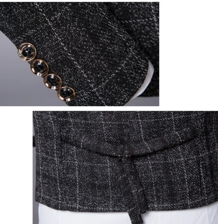 Traje Hombre Formal Novio 3 Piezas - Blazer Chaleco Pantalones Suit Fashion Business Boda Cuadros Algodón Lino