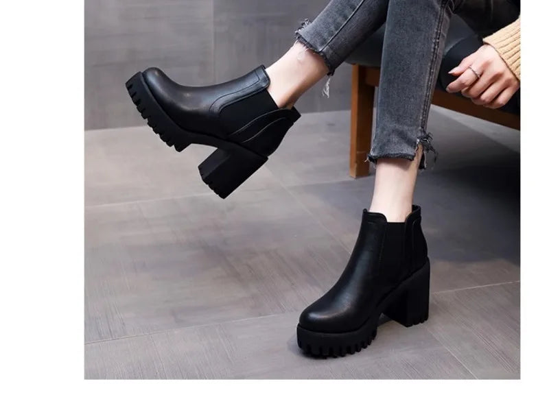 Botas Mujer Alta Calidad Casual - Suela Gruesa Tacón Alto Negro Trabajo