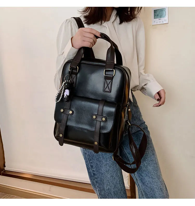 Mochila Cuero Juvenil Unisex - Alta Calidad Adolescentes Escolar Hombro Satchel Color Sólido