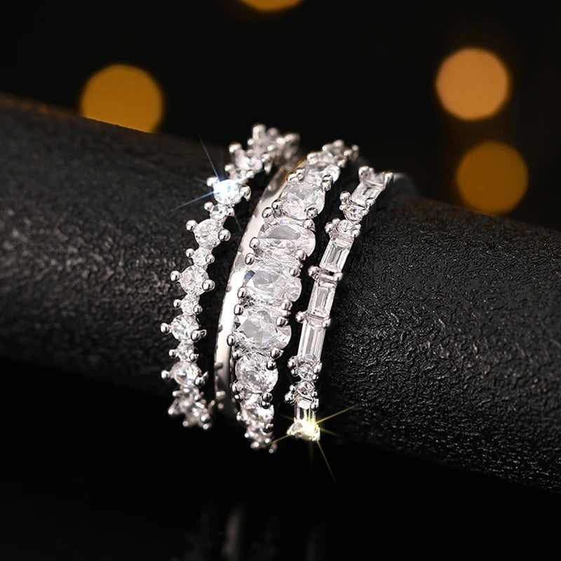 Set 4 Anillos Apilables Circonita - Lujo Trendy Boda Mujer