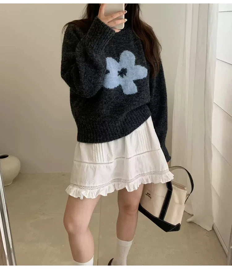 Jersey Mujer Invierno Flores Gris - Punto Holgado Cálido Vintage