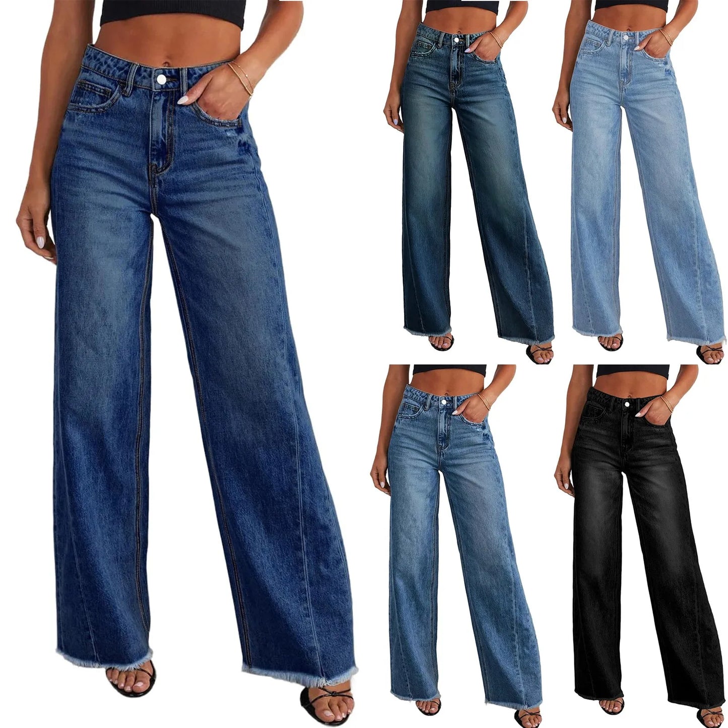 Jeans Mujer Cintura Alta Pierna Ancha - Pantalón Denim Elegante