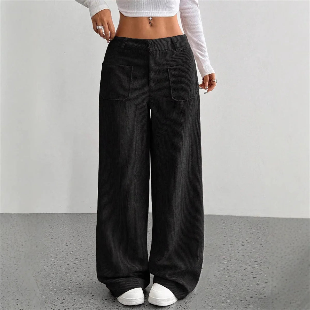 Pantalón Pana Mujer Pierna Ancha - Pantalón Cintura Alta Otoño