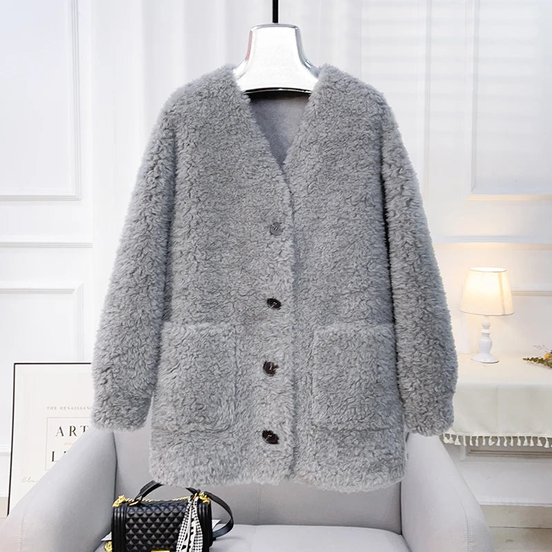 Chaqueta Lana Mujer Natural - Chaqueta Cordero Cuello V Media Largo 2025