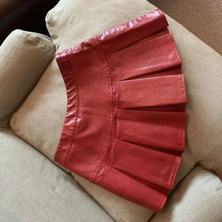 Falda Piel Plisada Mujer Mini - Falda Cuero PU Cintura Alta Roja Negra