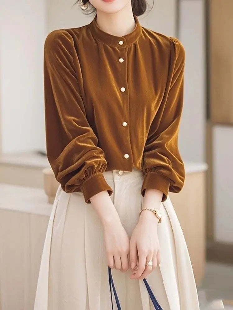 Top Terciopelo Mujer Temperamento - Top Diseño Francés Manga Larga 2025