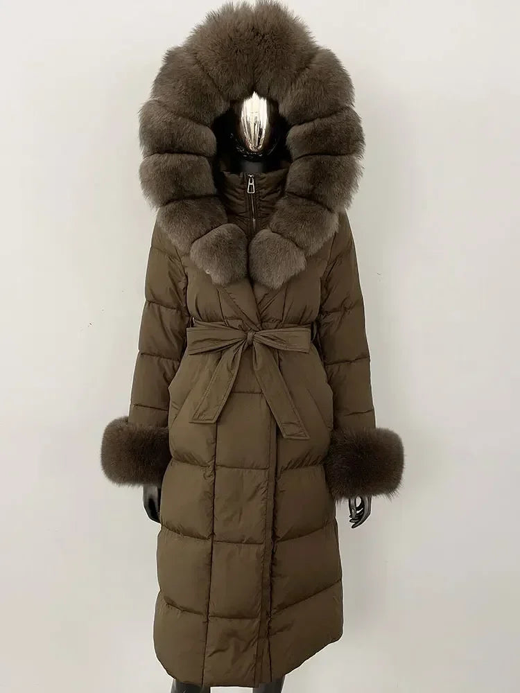 Abrigo Mujer Plumas Pato Piel Mapache - Chaqueta Larga Invierno Lujo