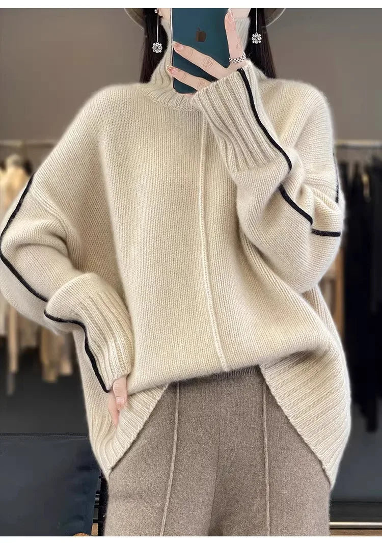 Jersey Mujer Cashmere 100% Cuello Alto - Holgado Grueso Invierno Lujo