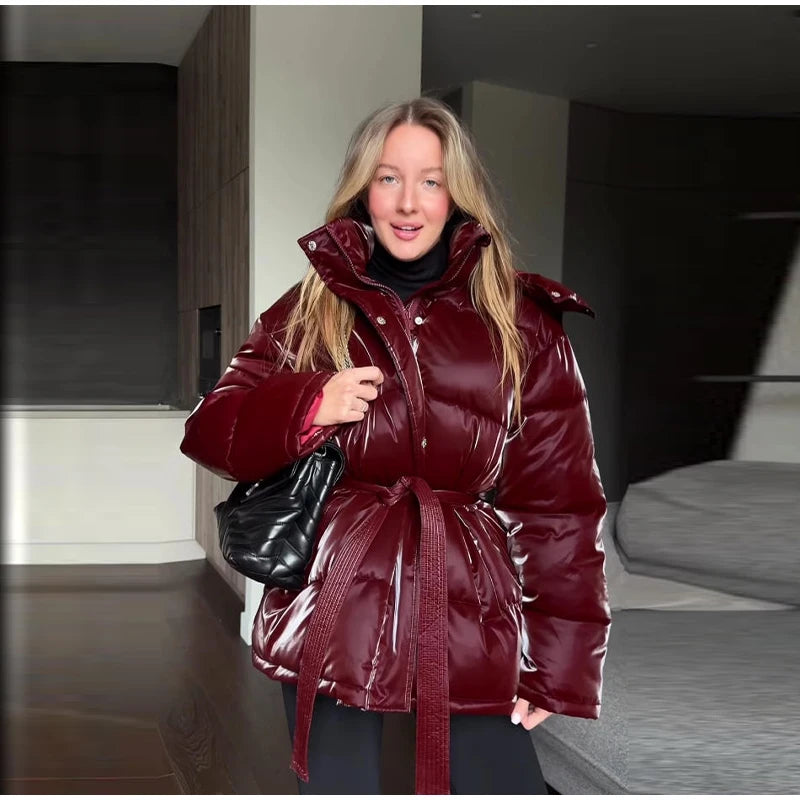 Abrigo Mujer Vintage Brillante - Abrigo Capucha Acolchado Cuello Alto 2025