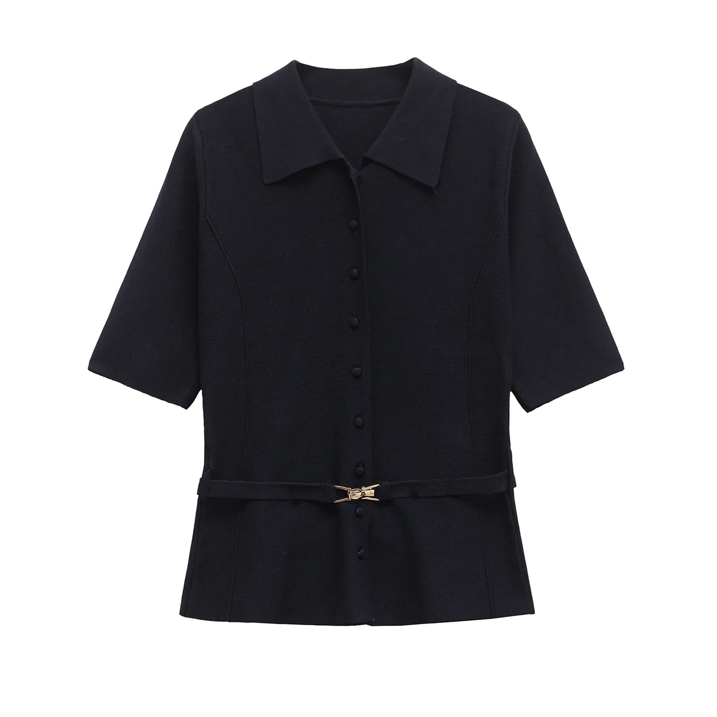 Top Mujer Elegante Verano 2025 - Blusa Cinturón Decorativo Solapa