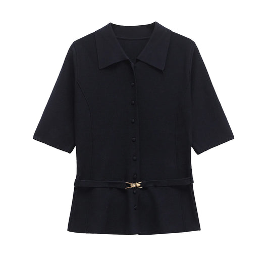 Top Mujer Elegante Verano 2025 - Blusa Cinturón Decorativo Solapa