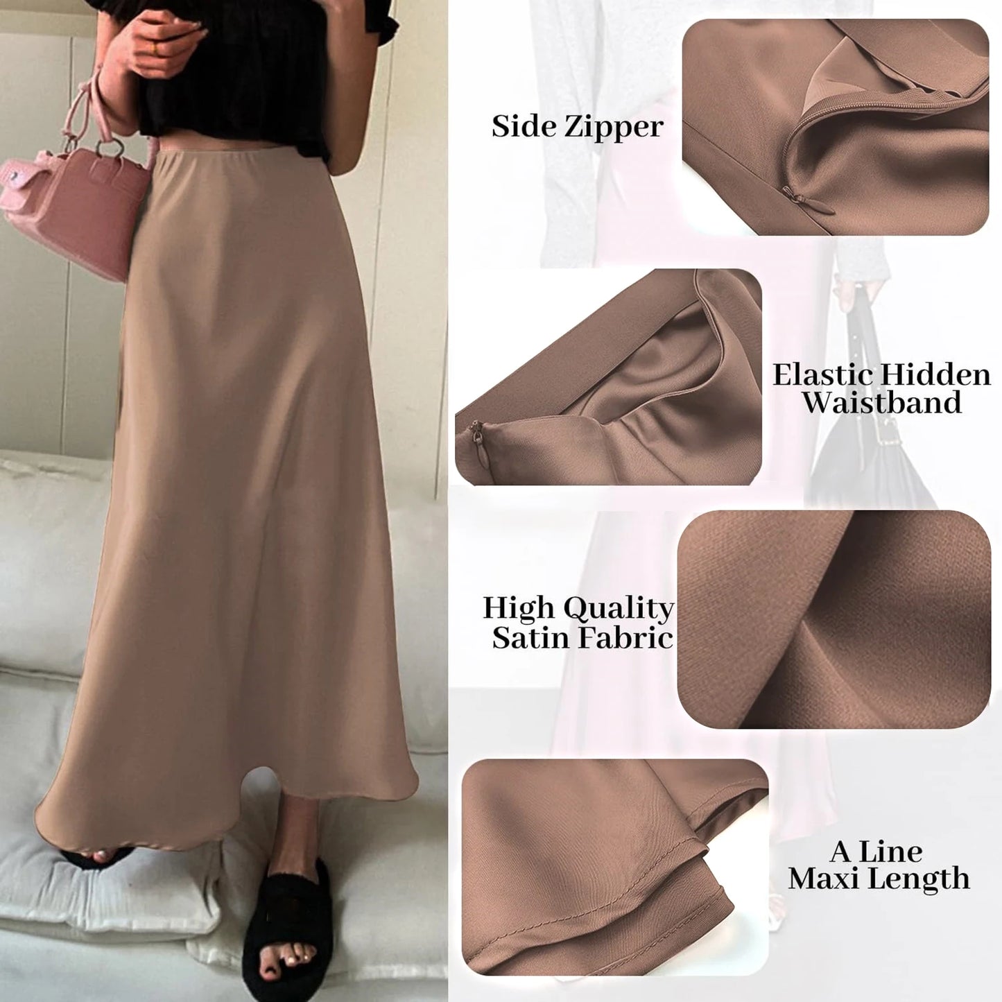 Falda Satén Mujer Larga 2025 - Falda Maxi Recta Elegante Negra Champagne