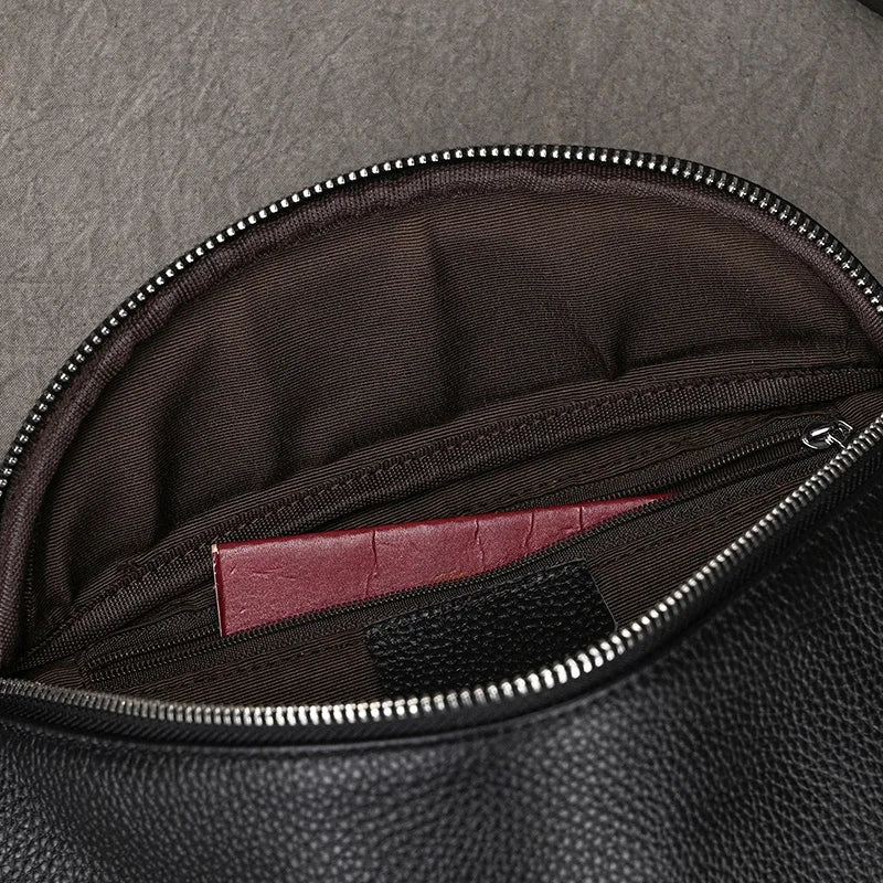 Riñonera Cuero Genuino Hombre - Bolsa Cinturón Móvil Mini Viaje Pecho Crossbody Negra
