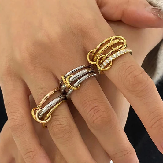 Set Anillos Doble Color Tres Aros - Acero Inoxidable Circonita Apilables