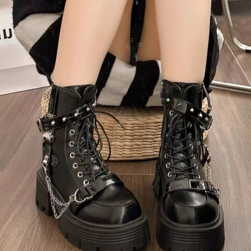 Botas Tobillo Mujer Gothic Plataforma - Diseñador Remaches Punk Motocicleta