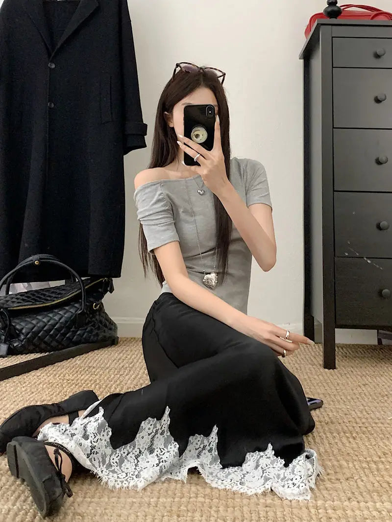 Falda Satén Mujer Larga Elegante - Falda Línea A Encaje Cintura Alta Verano