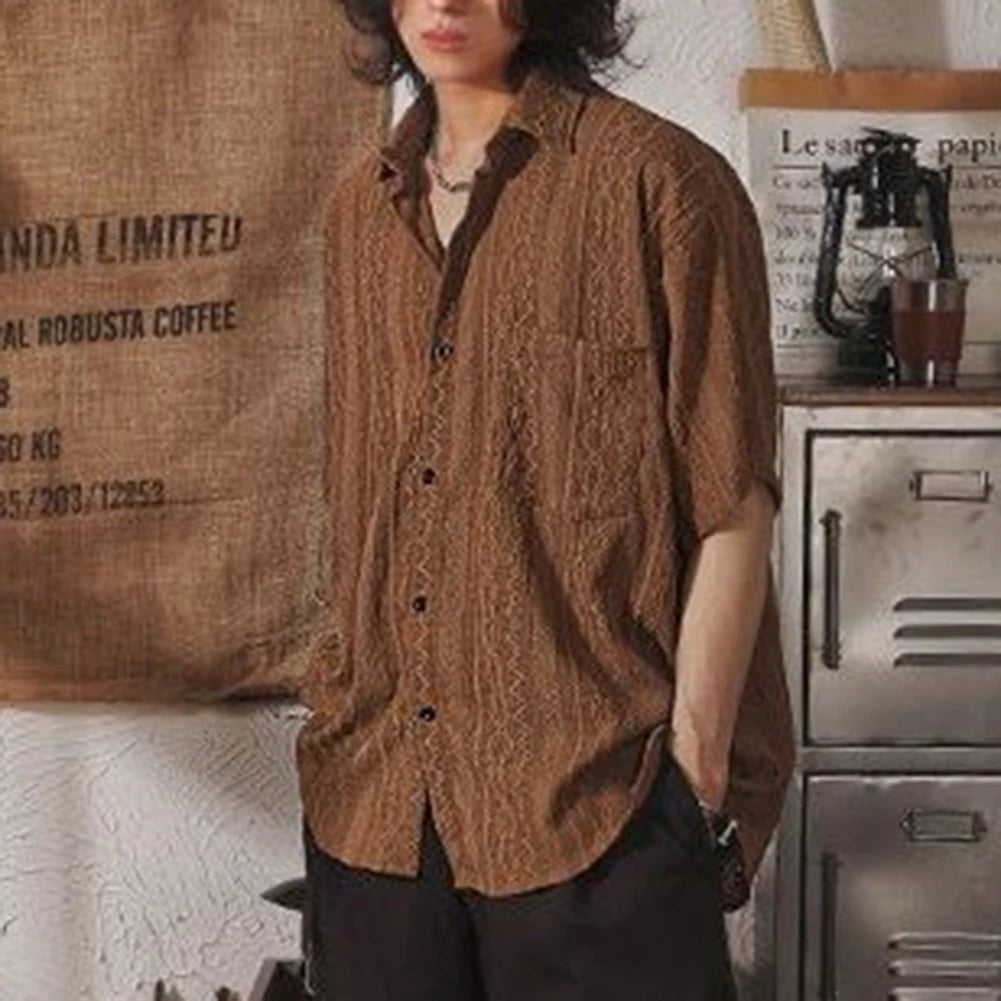 Camisa Hombre Casual Suelta Calada Manga Corta - Bolsillos Retro Fashion Vacaciones Diario