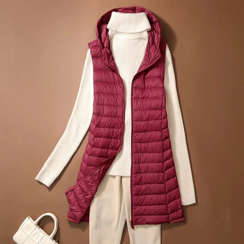 Chaleco Mujer Plumas Pato Ligero - Chaqueta Larga Capucha Slim Otoño