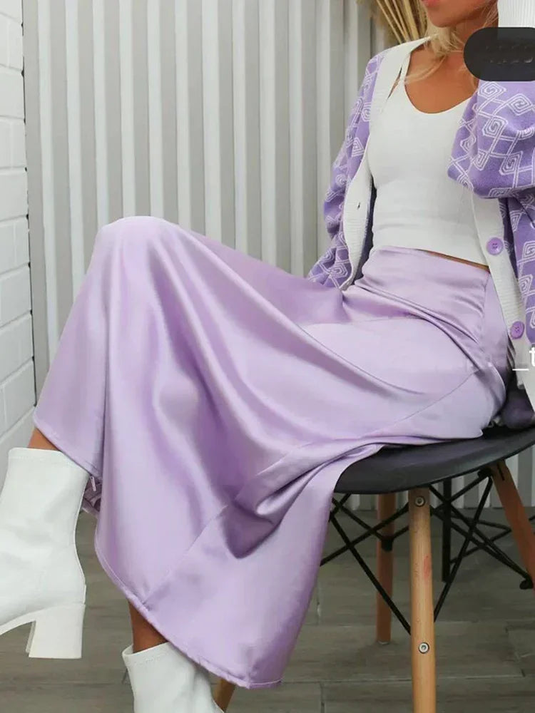 Falda Satén Mujer Púrpura Elegante - Falda Línea A Cintura Alta Fashion 2025