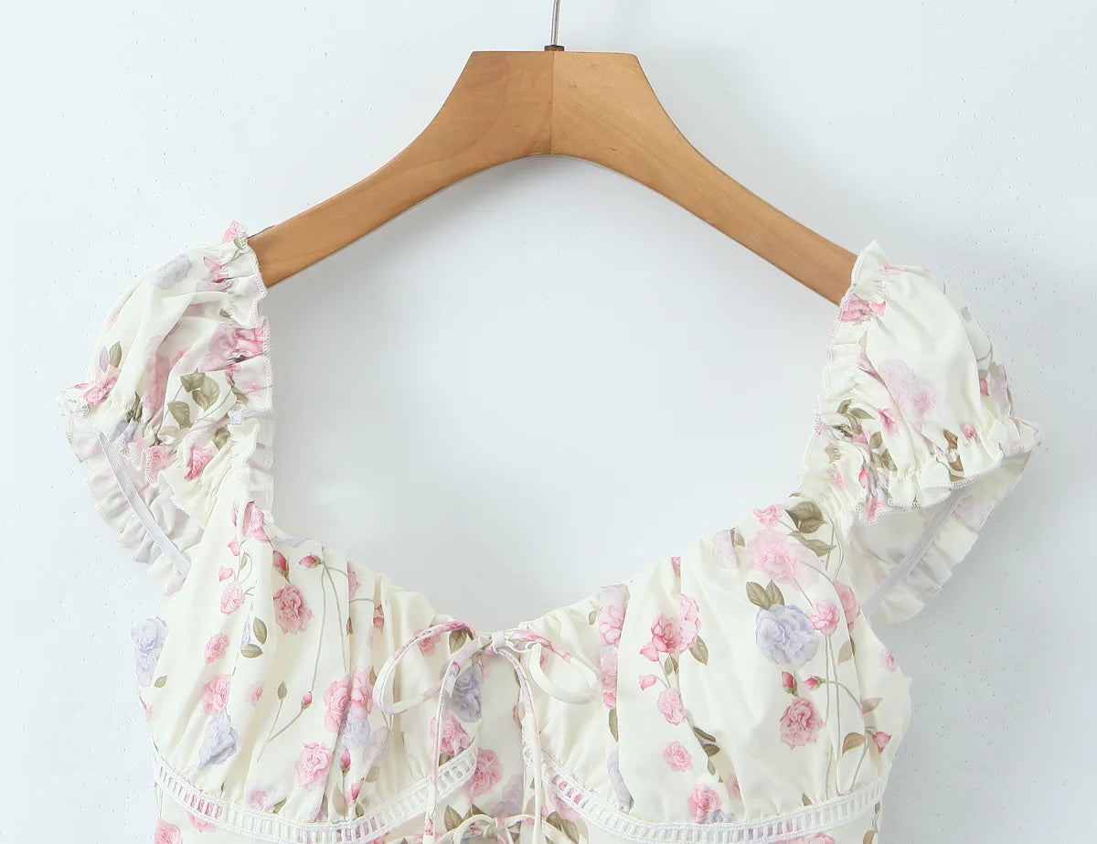 Top Crop Mujer Francés Floral - Top Cordones Cuello V Manga Corta Verano