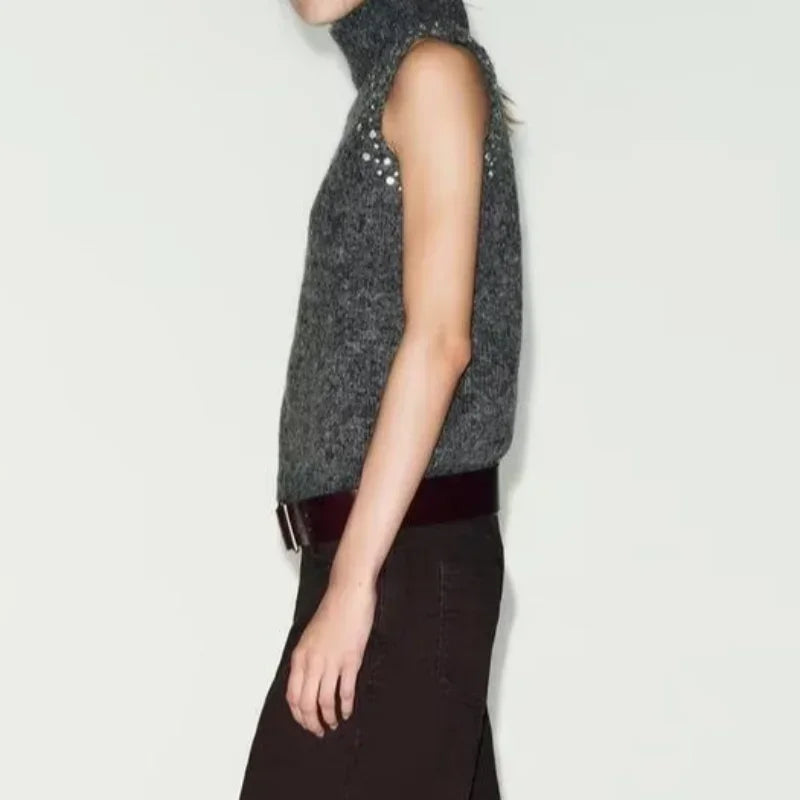 Chaleco Mujer Sin Mangas Punto 2025 - Cuello Alto Slim Casual Otoño