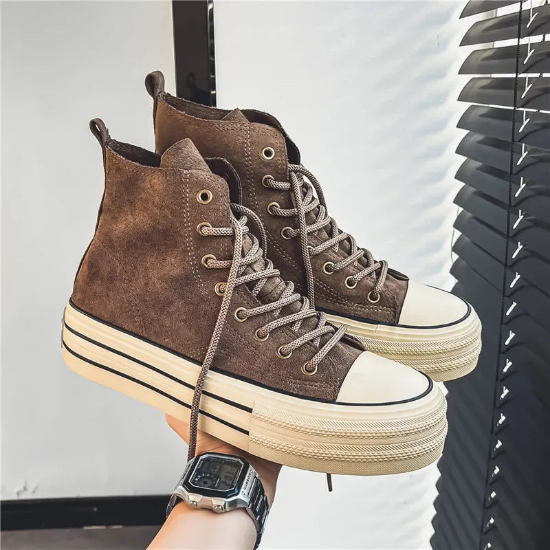 Sneakers Hombre Ante High-Top - Casual Vintage Marrón Botines Tobillo Suela Gruesa Tendencia Cordones