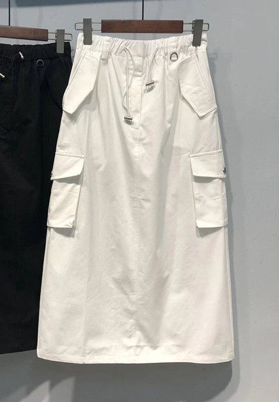 Falda Cargo Mujer Y2K Larga - Falda Bolsillos Cintura Elástica Negra