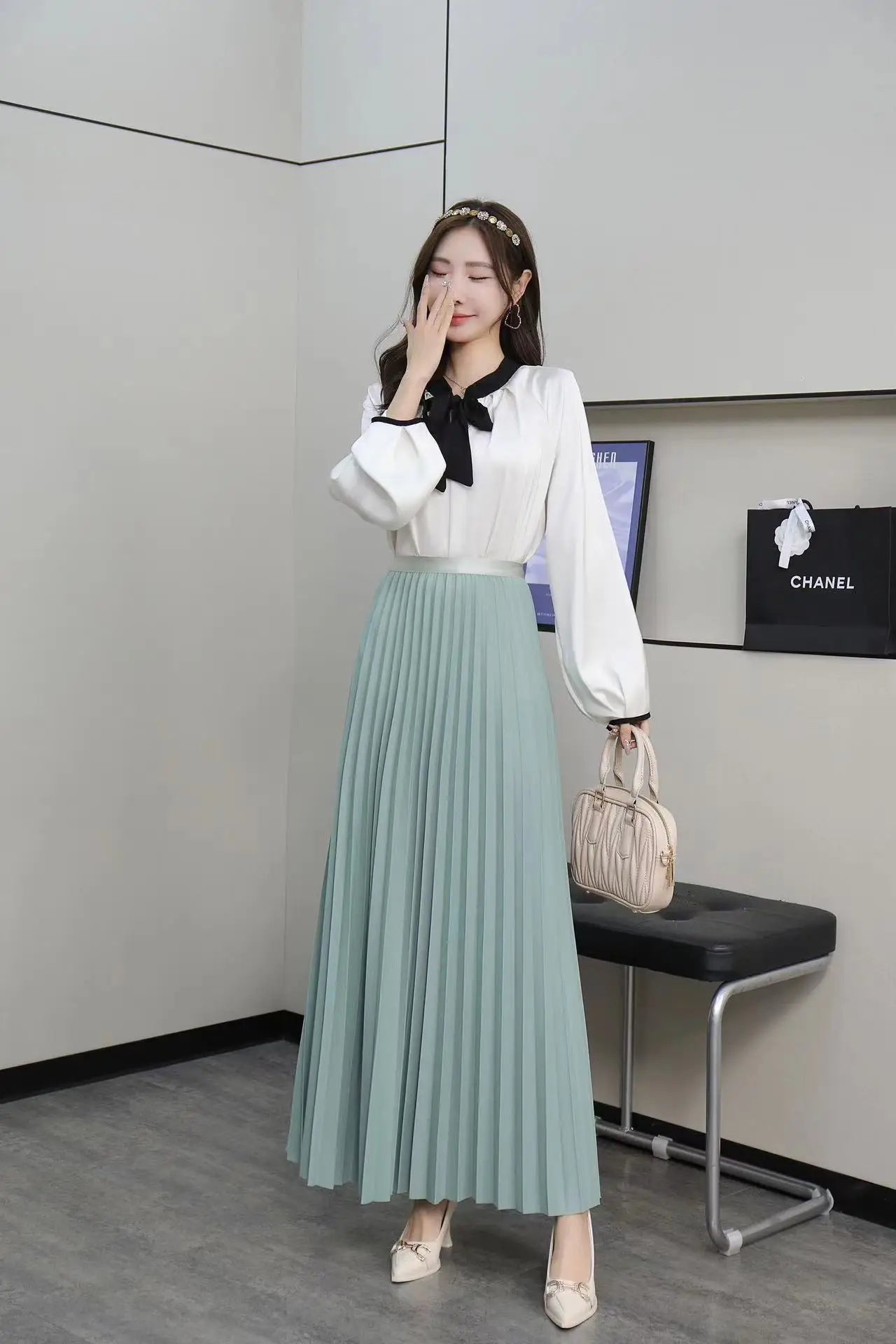 Falda Plisada Mujer Elegante 2024 - Falda Midi Cintura Alta Negra