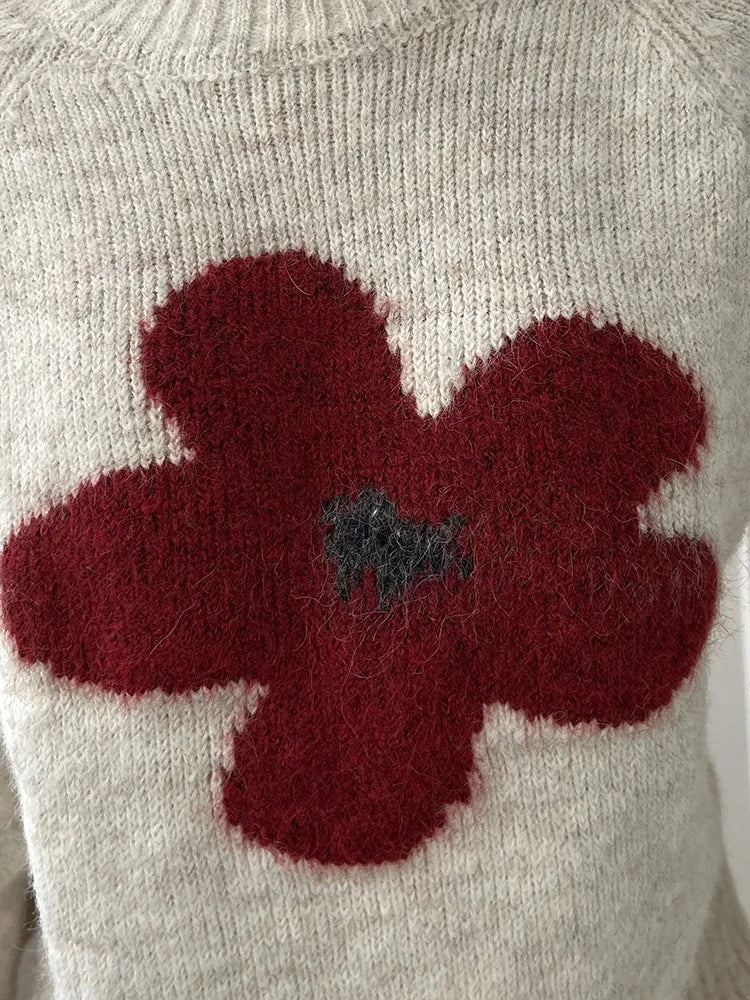 Jersey Mujer Invierno Flores Gris - Punto Holgado Cálido Vintage