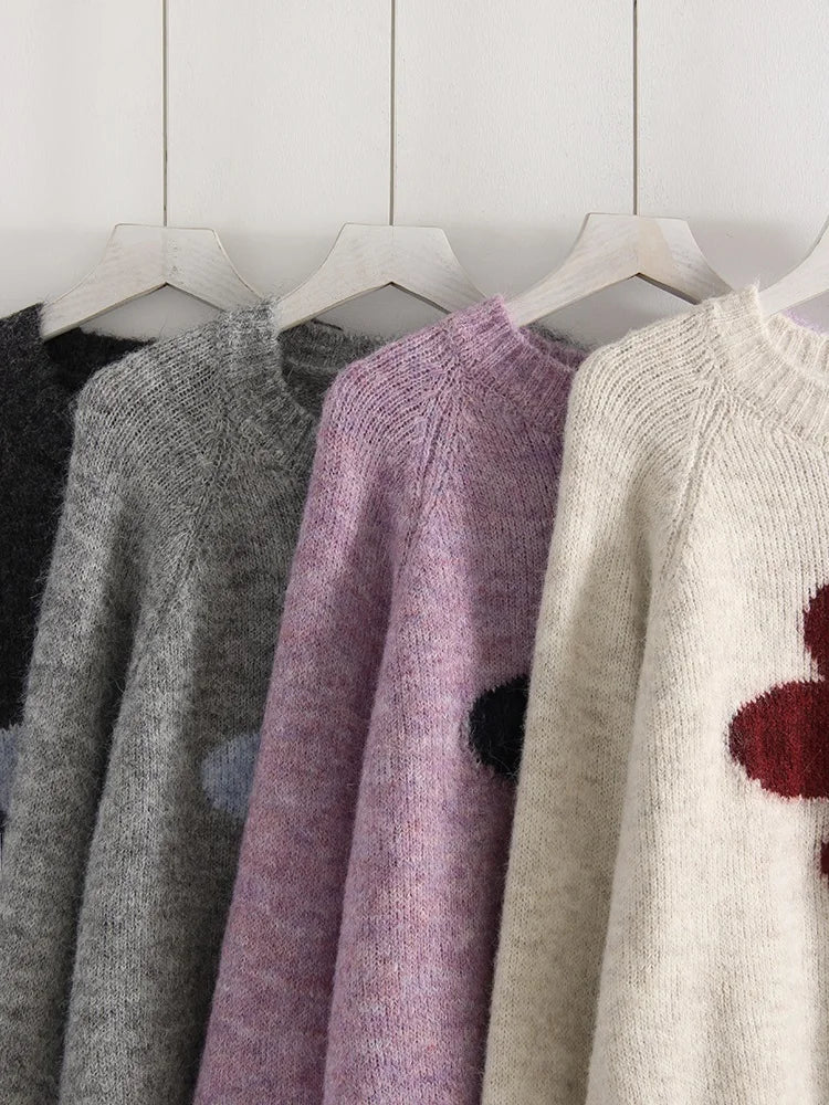 Jersey Mujer Invierno Flores Gris - Punto Holgado Cálido Vintage