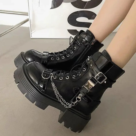 Botas Tobillo Mujer Gothic Plataforma - Diseñador Remaches Punk Motocicleta